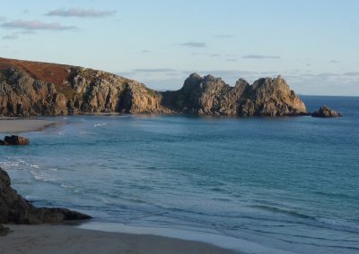 On Porthcurno sands looking out towards the cliffs of Logan Rock